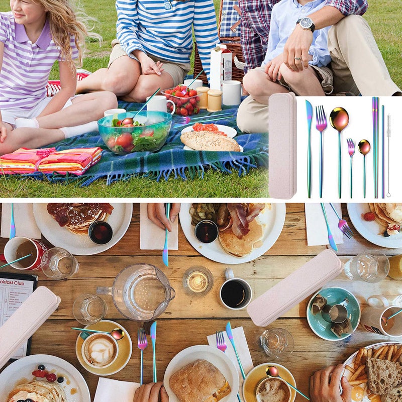 AARAINBOW 8 Pieces Stainless Steel Flatware Set Portable Reusable Cutlery Set Travel Utensils Set Including Chopsticks Knife Fork Spoon Straws Cleaning Brush Dishwasher Safe (Multicolored) - Image 5